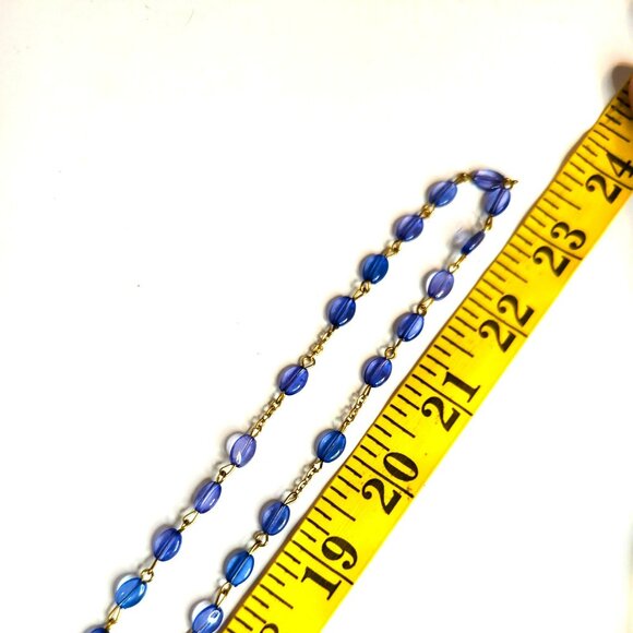 Vintage Miraculous Mary Blue Lucite Gold Tone Rosary Necklace Prayer Beads - Picture 5 of 6